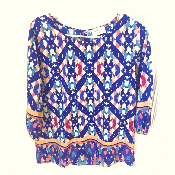 3/$10 Everly Blue White Geometric Pattern Colorful 3/4 Sleeve Blouse XS - Picture 1 of 8